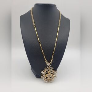 Vintage Kramar Gold tone White Open Flower Rhinestone Necklace Choker